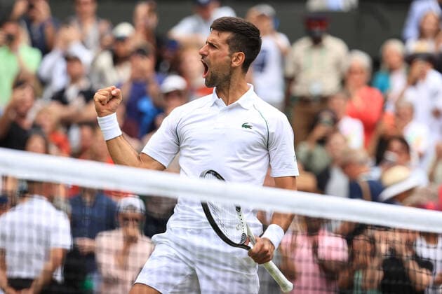 Tennis - Wimbledon (Day 9) 5th July 2022 - Tennis - Wimbledon (Day 9) - Novak Djokovic (SRB) celebrates winning his Gentlemen s Singles Quarter Final match over Jannik Sinner (ITA) - Photo: Simon Stacpoole Offside. London UK Copyright: xSimonxStacpoolexOffside