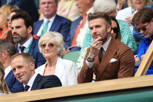 Tennis - Wimbledon (Day 10) 6th July 2022 - Tennis - Wimbledon (Day 10) - David Beckham sits next to his mother, Sandra, in the Royal Box on Centre Court - Photo: Simon Stacpoole Offside. London UK Copyright: xSimonxStacpoolexOffside