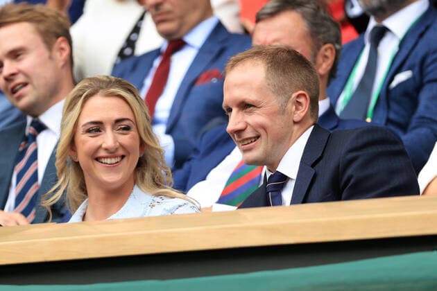Tennis - Wimbledon (Day 10) 6th July 2022 - Tennis - Wimbledon (Day 10) - Olympian cyclists Dame Laura Kenny (L) and husband Sir Jason Kenny look on from the Royal Box on Centre Court - Photo: Simon Stacpoole Offside. London UK Copyright: xSimonxStacpoolexOffside