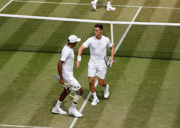 6th July 2022, All England Lawn Tennis and Croquet Club, London, England; Wimbledon Tennis tournament; Rajeev Ram (USA) with doubles partner Joe Salisbury (GBR)  ActionPlus12405392 JohnxPatrickxFletcher