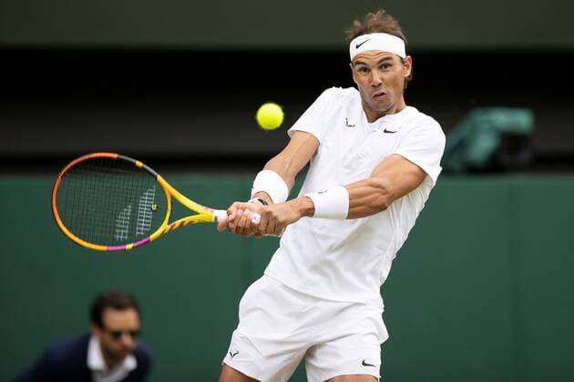 Mandatory Credit: Photo by Ella Ling Shutterstock (13018040am) Rafael Nadal during his quarter final match Wimbledon Tennis Championships, Day 10, The All England Lawn Tennis and Croquet Club, London, UK - 06 Jul 2022 Wimbledon Tennis Championships, Day 10, The All England Lawn Tennis and Croquet Club, London, UK - 06 Jul 2022  Copyright: xEllaxLing Shutterstockx 13018040am