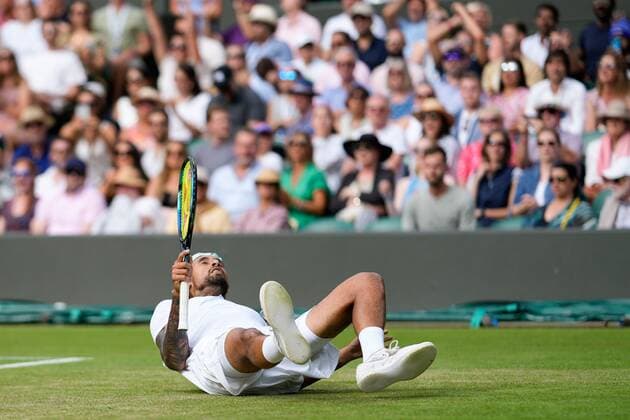 Mandatory Credit: Photo by Dave Shopland Shutterstock (13018039ca) Nick Kyrgios celebrates winning his quarter final match Wimbledon Tennis Championships, Day 10, The All England Lawn Tennis and Croquet Club, London, UK - 06 Jul 2022 Wimbledon Tennis Championships, Day 10, The All England Lawn Tennis and Croquet Club, London, UK - 06 Jul 2022  Copyright: xDavexShopland Shutterstockx 13018039ca