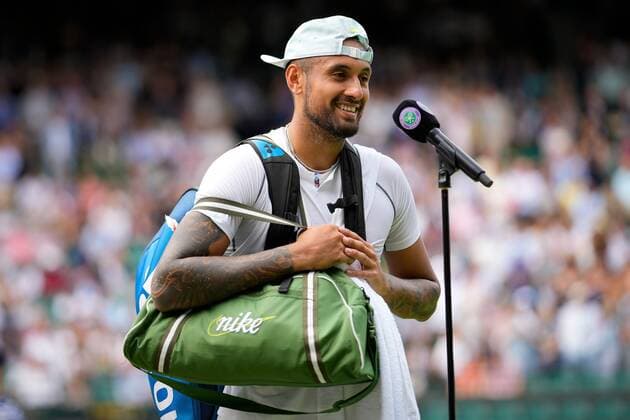 Mandatory Credit: Photo by Dave Shopland Shutterstock (13018039cn) Nick Kyrgios is interviewed after winning his quarter final match Wimbledon Tennis Championships, Day 10, The All England Lawn Tennis and Croquet Club, London, UK - 06 Jul 2022 Wimbledon Tennis Championships, Day 10, The All England Lawn Tennis and Croquet Club, London, UK - 06 Jul 2022  Copyright: xDavexShopland Shutterstockx 13018039cn