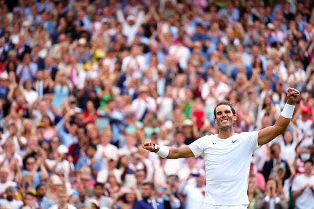 Mandatory Credit: Photo by Javier Garcia Shutterstock (13018042kq) Rafael Nadal celebrates victory in his quarter-final match Wimbledon Tennis Championships, Day 10, The All England Lawn Tennis and Croquet Club, London, UK - 06 Jul 2022 Wimbledon Tennis Championships, Day 10, The All England Lawn Tennis and Croquet Club, London, UK - 06 Jul 2022  Copyright: xJavierxGarcia Shutterstockx 13018042kq