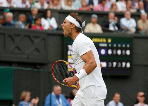 6th July 2022, All England Lawn Tennis and Croquet Club, London, England; Wimbledon Tennis tournament; Rafael Nadal (ESP) celebrates towards his coaching staff  ActionPlus12405508 JohnxPatrickxFletcher