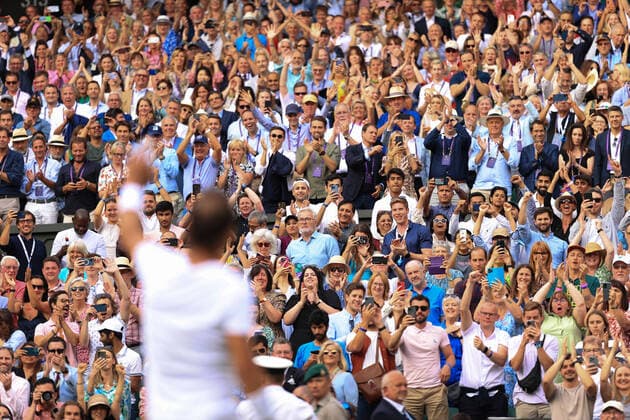 Tennis - Wimbledon (Day 10) 6th July 2022 - Tennis - Wimbledon (Day 10) - Rafael Nadal v Taylor Fritz - Nadal acknowledges the crowd after his five set victory. Photo: Simon Stacpoole Offside. London UK Copyright: xSimonxStacpoolexOffside