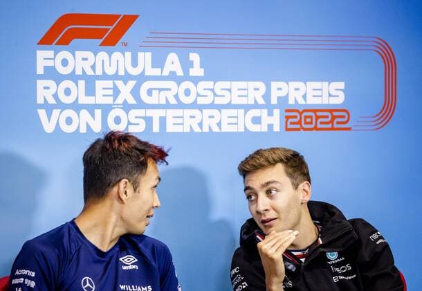 SPIELBERG - Alexander Albon (Williams) and George Russell (Mercedes) during a press conference, PK, Pressekonferenz at the Red Bull Ring race track ahead of the Austrian Grand Prix. ANP SEM VAN DER WAL F1 Grand Prix of Austria - Qualifying 2022 xVIxANPxSportx xxANPxIVx