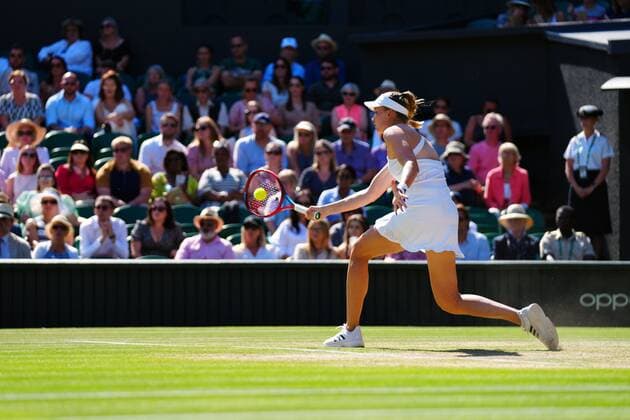 Mandatory Credit: Photo by Javier Garcia Shutterstock (13018047bl) Elena Rybakina during her semi final match Wimbledon Tennis Championships, Day 11, The All England Lawn Tennis and Croquet Club, London, UK - 07 Jul 2022 Wimbledon Tennis Championships, Day 11, The All England Lawn Tennis and Croquet Club, London, UK - 07 Jul 2022  Copyright: xJavierxGarcia Shutterstockx 13018047bl