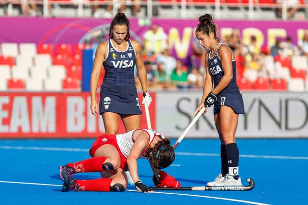 July 7, 2022, TERRASSA, BARCELONA, SPAIN: Karli Johansen of Canada hurts during the FIH Hockey Women s World Cup 2022, Pool C, hockey match played between Argentina v Canada at Estadi Olimpic on July 06, 2022, in Terrassa, Barcelona, Spain. TERRASSA SPAIN - ZUMAa181 20220707_zaa_a181_030 Copyright: xIrinaxR.xHx