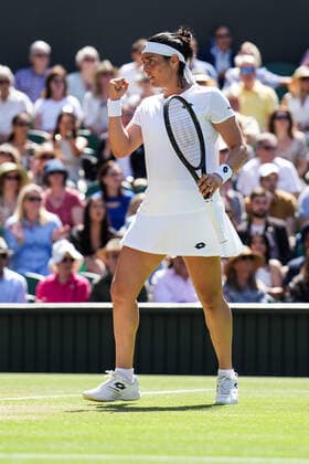 (220708) -- LONDON, July 8, 2022 -- Ons Jabeur of Tunisia celebrates during the women s singles semifinal match against Tatjana Maria of Germany at Wimbledon Tennis Championship in London, Britain, on July 7, 2022. (Photo by Xinhua) (SP)BRITAIN-LONDON-TENNIS-WIMBLEDON-WOMEN S SINGLES-SEMIFINALS ShixTang 