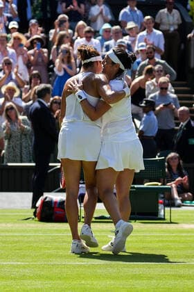 (220708) -- LONDON, July 8, 2022 -- Ons Jabeur (R) of Tunisia greets Tatjana Maria of Germany after their women s singles semifinal match at Wimbledon Tennis Championship in London, Britain, on July 7, 2022. (Photo by Xinhua) (SP)BRITAIN-LONDON-TENNIS-WIMBLEDON-WOMEN S SINGLES-SEMIFINALS ShixTang 