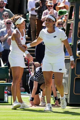 (220708) -- LONDON, July 8, 2022 -- Ons Jabeur (R) of Tunisia greets Tatjana Maria of Germany after their women s singles semifinal match at Wimbledon Tennis Championship in London, Britain, on July 7, 2022. (Photo by Xinhua) (SP)BRITAIN-LONDON-TENNIS-WIMBLEDON-WOMEN S SINGLES-SEMIFINALS ShixTang 