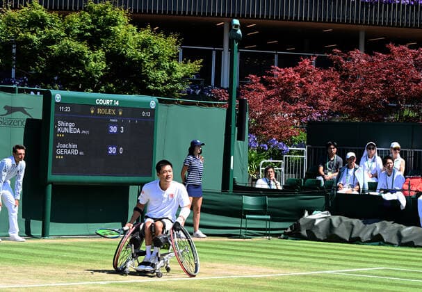 Tennis Championships - Week Two - Day Twelve - All England Lawn Tennis Club, Wimbledon - Friday 8th July 2022 Mens Wheelchair Singles Semi Final. Shingo Kunieda (Japan) v Joachim Gerard (Belgium) Shingo Kunieda (Japan) 