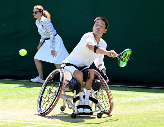 Tennis Championships - Week Two - Day Twelve - All England Lawn Tennis Club, Wimbledon - Friday 8th July 2022 Mens Wheelchair Singles Semi Final. Shingo Kunieda (Japan) v Joachim Gerard (Belgium) Shingo Kunieda (Japan) 