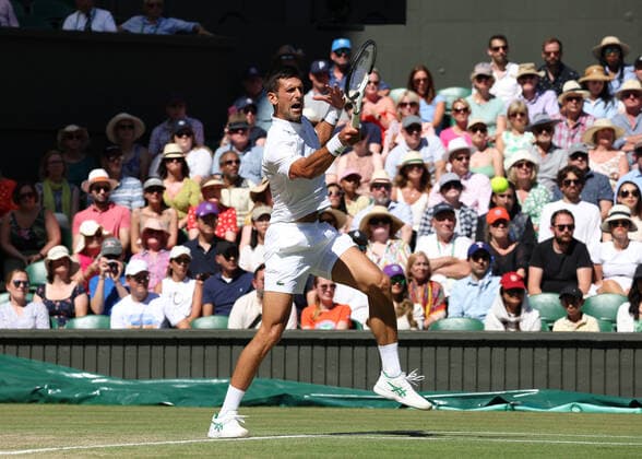 8th July 2022, All England Lawn Tennis and Croquet Club, London, England; Wimbledon Tennis tournament; Novak& xa0;Djokovic (SRB) plays a forehand to Cameron Norrie (GBR) in the mens singles semi-final match  ActionPlus12406040 JohnxPatrickxFletcher