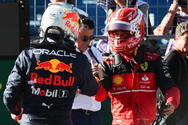 F1 Austrian Grand Prix Qualifying Max Verstappen of Red Bull Racing-RBPT and Charles Leclerc of Ferrari after the qualifying for the Formula 1 Austrian Grand Prix at Red Bull Ring in Spielberg, Austria on July 8, 2022. Spielberg Austria  Copyright: xJakubxPorzyckix originalFilename:porzycki-f1austri220708_npWDf.jpg
