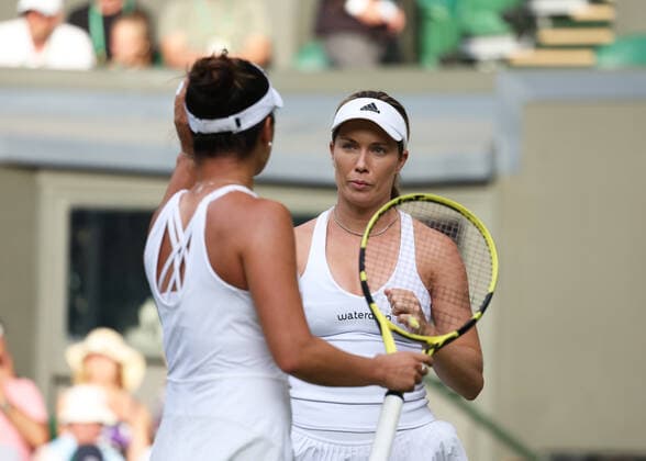 8th July 2022, All England Lawn Tennis and Croquet Club, London, England; Wimbledon Tennis tournament; Danielle Collins (USA) with doubles partner Desirae Krawczyk (USA) in the womens doubles semi-final  ActionPlus12406319 JohnxPatrickxFletcher