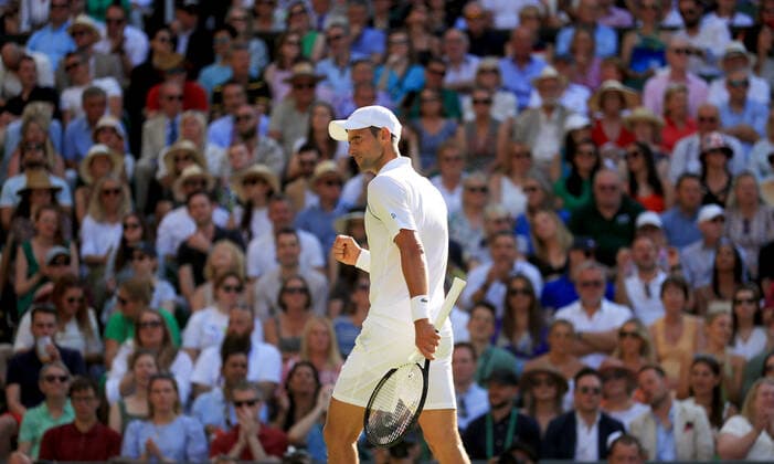 (220709) -- LONDON, July 9, 2022 -- Novak Djokovic of Serbia celebrates during the men s singles semifinal match against Cameron Norrie of Great Britain at Wimbledon Tennis Championship in London, Britain, on July 8, 2022. ) (SP)BRITAIN-LONDON-TENNIS-WIMBLEDON-MEN S SINGLES-SEMIFINALS LixYing 