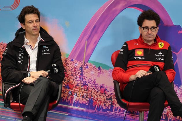 F1 Austrian Grand Prix Team Principals press conference, PK, Pressekonferenz Mercedes team principal Toto Wolff and Ferrari team principal Mattia Binotto during a press conference ahead of the Formula 1 Austrian Grand Prix at Red Bull Ring in Spielberg, Austria on July 9, 2022. Spielberg Austria  Copyright: xJakubxPorzyckix originalFilename:porzycki-f1austri220709_np3Lr.jpg