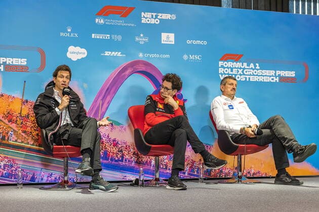 09.07.2022, Red Bull Ring, Spielberg, AUT, FIA, Formel 1, Grosser Preis von Österreich, Pressekonferenz, im Bild v.l. Toto Wolff (Teamchef Mercedes), Mattia Binotto (Teamchef Ferrari), Guenther Steiner (Teamchef Haas) left to right: Toto Wolff (Team Principal Mercedes) Mattia Binotto (Team Principal Ferrari Guenther Steiner (Team Principal Haas) during a press conference, PK, Pressekonferenz for the Austrian FIA Formula One Grand Prix at the Red Bull Ring in Spielberg, Austria on 2022 07 09. Pictures 2022, PhotoCredit: Johann Groder Spielberg