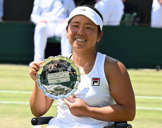 Tennis Championships - Week Two - Day Thirteen - All England Lawn Tennis Club, Wimbledon - Saturday 9th July 2022 Ladies Wheelchair Final. Singles. Diede De Groot (NED) v Yui Kamiji (Japan) Yui Kamiji (Japan) with her runners up plate 