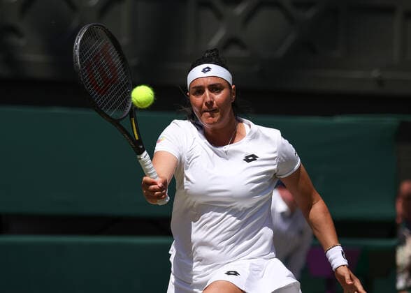 9th July 2022, All England Lawn Tennis and Croquet Club, London, England; Wimbledon Tennis tournament, womens singles final; Ons Jabeur (TUN) plays a forehand to Elena Rybakina (KAZ)  ActionPlus12406628 JohnxPatrickxFletcher