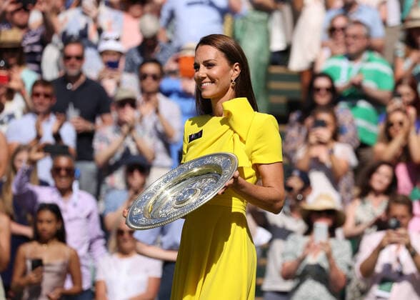 9th July 2022, All England Lawn Tennis and Croquet Club, London, England; Wimbledon Tennis tournament, womens singles final; Kate Middleton, Duchess of Cambridge presents Elena Rybakina (KAZ) with the Wimbledon Ladies Trophy  ActionPlus12406701 JohnxPatrickxFletcher
