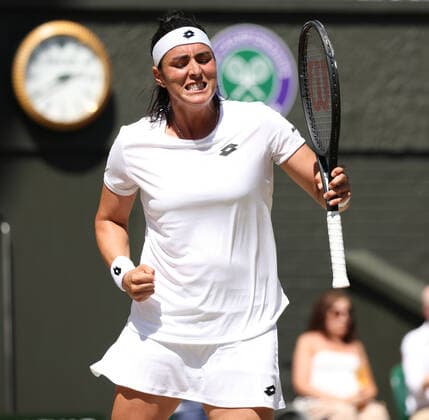 Tunisian Ons Jabeur reacts in her Women s Final match against Kazakhstan s Elena Rybakina at the 2022 Wimbledon championships in London on Saturday, July 09, 2022. Rybakina won the match 3-6,6-2,6-2.  LON202207090999 HUGOxPHILPOTT