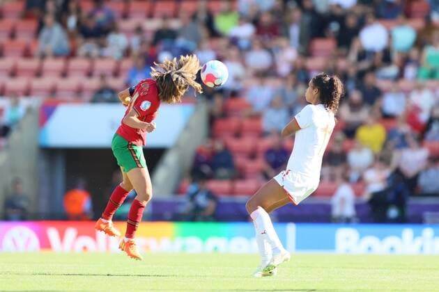 Portugal v Switzerland: Group C - UEFA Women s EURO 2022 Dolores Silva of Portugal wins a header during the UEFA Women s Euro 2022 Championship match between Portugal and Switzerland at Leigh Sports Village, Leigh, on Saturday 9th July 2022. Leigh United Kingdom  Copyright: xMIxNewsx originalFilename:fletcher-portugal220709_np6d6.jpg