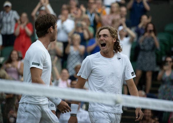 9th July 2022, All England Lawn Tennis and Croquet Club, London, England; Wimbledon Tennis tournament; Matthew Ebden (AUS) and Max Purcell (AUS) celebrate winning the Gentlemen& x2019;s Doubles Final against Nikola Mektic (CRO) and Mate Pavic (CRO)  ActionPlus12407029 JohnxPatrickxFletcher
