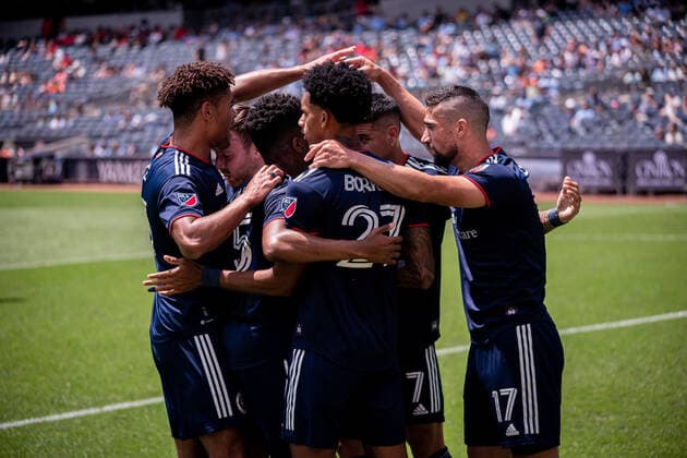 July 9, 2022, New York, NY, New York, NY, United States: NEW YORK, NY - JULY 9: New England Revolutions celebrate their goal in the first half of their match agains New York City FC at Yankee Stadium on July 9, 2022 in New York, NY, United States. New York, NY United States - ZUMAp175 20220709_zsa_p175_001 Copyright: xMattxDaviesx