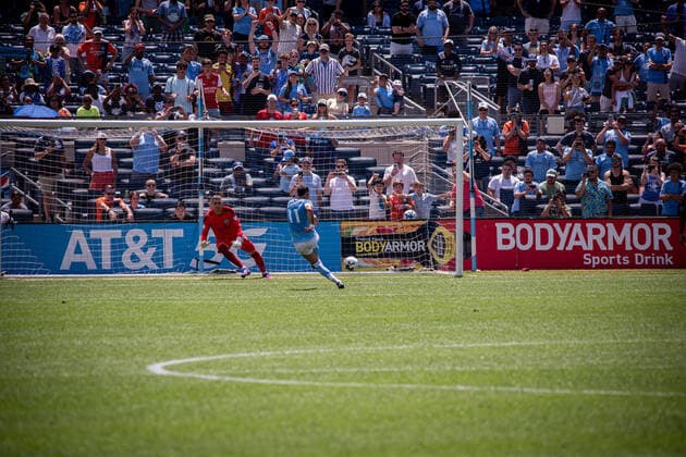July 9, 2022, New York, NY, New York, NY, United States: NEW YORK, NY - JULY 9: Valentin Castellanos scores from a penalty kick for the NYC FC in the first half of their match agains New England Revolutions at Yankee Stadium on July 9, 2022 in New York, NY, United States. New York, NY United States - ZUMAp175 20220709_zsa_p175_002 Copyright: xMattxDaviesx