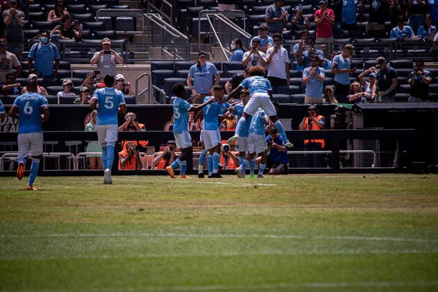 July 9, 2022, New York, NY, New York, NY, United States: NEW YORK, NY - JULY 9: Celebrations after Valentin Castellanos scores from a penalty kick for the NYC FC in the first half of their match agains New England Revolutions at Yankee Stadium on July 9, 2022 in New York, NY, United States. New York, NY United States - ZUMAp175 20220709_zsa_p175_005 Copyright: xMattxDaviesx
