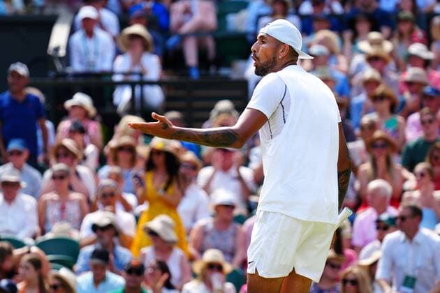 Mandatory Credit: Photo by Javier Garcia Shutterstock (13018062bb) Nick Kyrgios reacts during the Men s Singles Final Wimbledon Tennis Championships, Day 14, The All England Lawn Tennis and Croquet Club, London, UK - 10 Jul 2022 Wimbledon Tennis Championships, Day 14, The All England Lawn Tennis and Croquet Club, London, UK - 10 Jul 2022  Copyright: xJavierxGarcia Shutterstockx 13018062bb