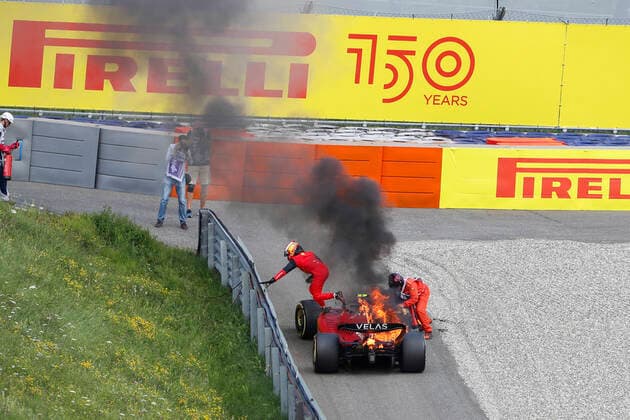 Car of 55 Carlos Sainz (ESP, Scuderia Ferrari) on fire, F1 Grand Prix of Austria at Red Bull Ring on July 10, 2022 in Spielberg, Austria. (Photo by HOCH ZWEI) Spielberg Austria