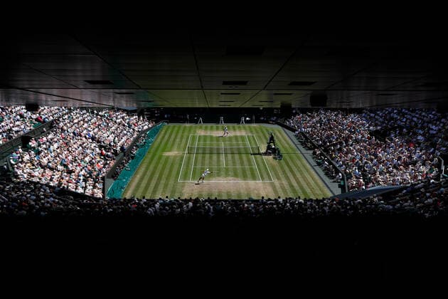 10th July 2022, All England Lawn Tennis and Croquet Club, London, England; Wimbledon Tennis tournament, mens singles final; Novak Djokovic (SRB) plays a forehand to Nick Kyrgios (AUS) in front of a packed Centre Court  ActionPlus12407232 JohnxPatrickxFletcher