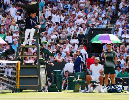 Mandatory Credit: Photo by Javier Garcia Shutterstock (13018062el) Nick Kyrgios argues with Chair Umpire Renaud Lichtenstein Wimbledon Tennis Championships, Day 14, The All England Lawn Tennis and Croquet Club, London, UK - 10 Jul 2022 Wimbledon Tennis Championships, Day 14, The All England Lawn Tennis and Croquet Club, London, UK - 10 Jul 2022  Copyright: xJavierxGarcia Shutterstockx 13018062el