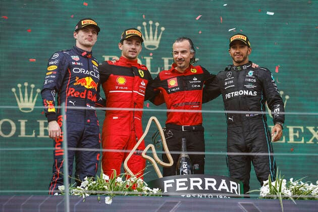 1 Max Verstappen (NLD, Oracle Red Bull Racing), 16 Charles Leclerc (MCO, Scuderia Ferrari), Laurent Mekies (FRA, Scuderia Ferrari), 44 Lewis Hamilton (GBR, Mercedes-AMG Petronas F1 Team), F1 Grand Prix of Austria at Red Bull Ring on July 10, 2022 in Spielberg, Austria. (Photo by HOCH ZWEI) Spielberg Austria