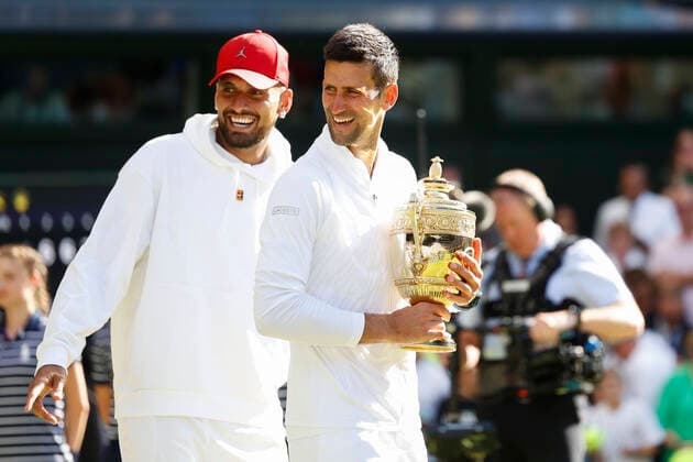 Champion Novak Djokovic (SRB) und Finalist Nick Kyrgios (AUS), Siegerehrung, Praesentation Tennis - Wimbledon 2022 - Grand Slam ITF ATP, Tennis Herren WTA, Tennis Damen - AELTC - London - - Great Britain - 10 July 2022. Copyright: xJuergenxHasenkopfx