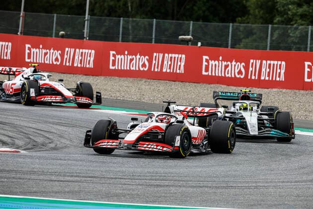20 Kevin Magnussen (DNK, Haas F1 Team), 44 Lewis Hamilton (GBR, Mercedes-AMG Petronas F1 Team), 47 Mick Schumacher (DEU, Haas F1 Team), F1 Grand Prix of Austria at Red Bull Ring on July 10, 2022 in Spielberg, Austria. (Photo by HOCH ZWEI) Spielberg Austria