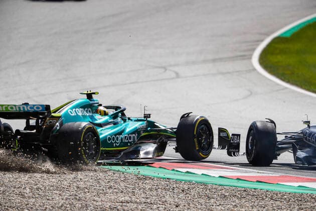 Crash between 5 Sebastian Vettel (DEU, Aston Martin Aramco Cognizant F1 Team) and 10 Pierre Gasly (FRA, Scuderia AlphaTauri), F1 Grand Prix of Austria at Red Bull Ring on July 10, 2022 in Spielberg, Austria. (Photo by HOCH ZWEI) Spielberg Austria