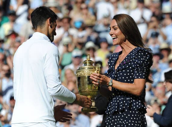 Tennis Championships - Week Two - Day Fourteen - All England Lawn Tennis Club, Wimbledon - Sunday 10th July 2022 Mens Singles Final. Novak Djokovic v Nick Kyrgios HRH The Duchess of Cambridge (Cate) and Patron of The All England Lawn Tennis Club presents the trophy to Novak Djokovic 