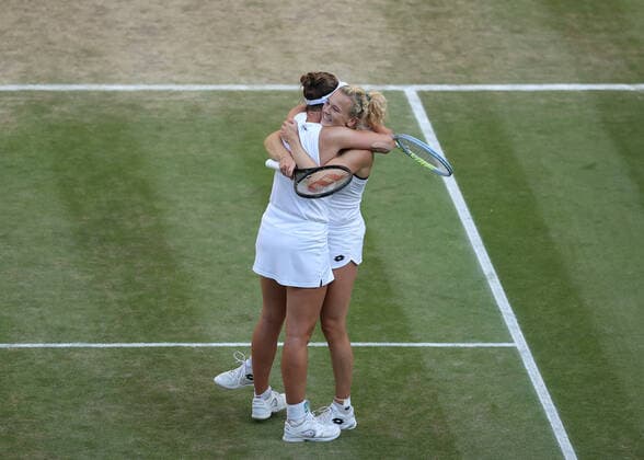 10 July 2022, All England Lawn Tennis and Croquet Club, London, England; Wimbledon Tennis tournament, womens doubles final; Barbora Krejcikova (CZE) and Katerina Siniakova (CZE) celebrate winning the Ladies Doubles Final against Elise Mertens (BEL) and Shuai Zhang (CHN)  ActionPlus12407340 JohnxPatrickxFletcher