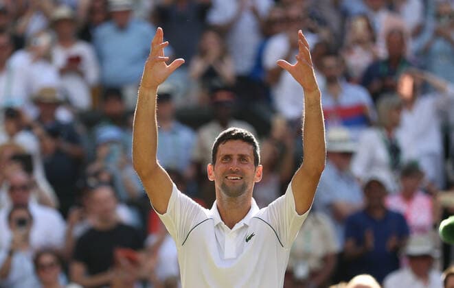 (220711) -- LONDON, July 11, 2022 -- Novak Djokovic celebrates after winning the men s singles final match between Novak Djokovic of Serbia and Nick Kyrgios of Australia at Wimbledon Tennis Championship in London, Britain, on July 10, 2022. ) (SP)BRITAIN-LONDON-TENNIS-WIMBLEDON-MEN S SINGLES-FINAL LixYing 