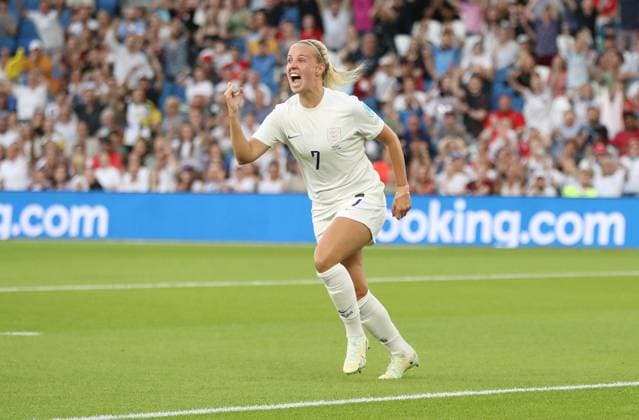 Brighton and Hove, England, 11th July 2022. Beth Mead of England celebrates after she scores to make it 4-0 during the UEFA Women s European Championship, EM, Europameisterschaft 2022 match at the AMEX Stadium, Brighton and Hove. Picture credit should read: Paul Terry Sportimage EDITORIAL USE ONLY. No use with unauthorised audio, video, data, fixture lists, club league logos or live services. Online in-match use limited to 120 images, no video emulation. No use in betting, games or single club league player publications. SPI-1744-0028