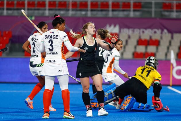 July 11, 2022, TERRASSA, BARCELONA, SPAIN: Hannah Haughn of Canada protest during the FIH Hockey Women s World Cup 2022, 9th - 16th, hockey match played between Canada and India at Estadi Olimpic on July 11, 2022, in Terrassa, Barcelona, Spain. TERRASSA SPAIN - ZUMAa181 20220711_zaa_a181_068 Copyright: xIrinaxR.xHx