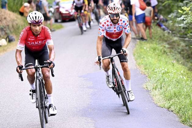 COL DU GRANON, FRANCE - JULY 13 : Quintana Rojas Nairo Alexander (COL) of Team Arkea Samsic , Geschke Simon (GER) of Cofidis during stage 11 of the 109th edition of the 2022 Tour de France cycling race, a stage of 149 kms with start in Albertville and finish in Col du Granon on July 13, 2022 in Col du Granon, France, 13 07 2022 ( Motordriver Kenny Verfaillie - Tour de France 2022 - Stage 11 PhotoNews Panoramic 