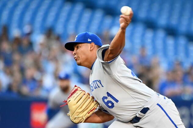 July 14, 2022, Toronto, ON, Canada: Kansas City Royals starting pitcher Angel Zerpa throws to a Toronto Blue Jays batter in the first inning of American League baseball action in Toronto, Thursday, July 14, 2022. Angel Zerpa  - ZUMAc35_ 20220714_zaf_c35_073 Copyright: xJonxBlackerx