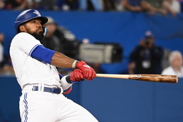 July 14, 2022, Toronto, ON, Canada: Toronto Blue Jays right fielder Teoscar Hernandez hits a foul ball during eighth inning American League baseball action against the Kansas City Royals in Toronto, Thursday, July 14, 2022. Teoscar Hernandez  - ZUMAc35_ 20220714_zaf_c35_097 Copyright: xJonxBlackerx