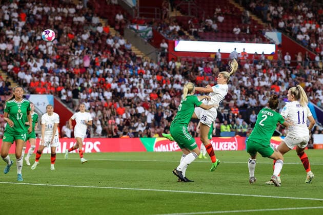 Northern Ireland v England Women 15 July 2022, Southampton - UEFA Women™s EUROs - Group Stage, Group A - Northern Ireland v England - Alessia Russo of England scores their 3rd goal - Photo: Charlotte Wilson Offside. Southampton UK Copyright: xCharlottexWilsonx xOffsidexOffside